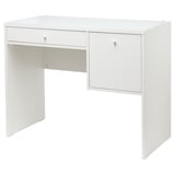 White SYVDE dressing table: sleek glass top, two drawers, smooth edges, modern design.