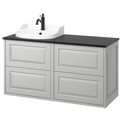 TÄNNFORSEN white vanity: light gray drawers, black counter, curved sink, wall-mounted.