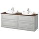 Option: TÄNNFORSEN double vanity in light grey with white sinks, chrome faucets, wooden countertop, ample storage.
