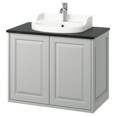 TÄNNFORSEN white vanity, marble counter, bowl sink, wall-mount, soft grey.