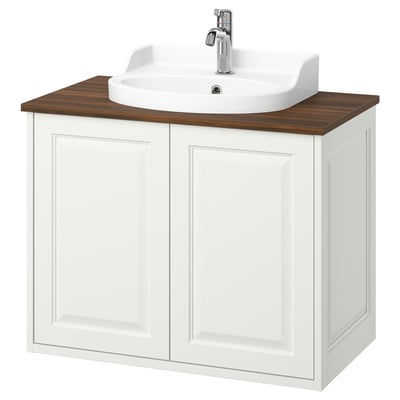TÄNNFORSEN white cabinet, wooden top, sink, chrome tap.