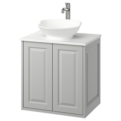 Modern grey bathroom vanity, white marble top & bowl sink. Includes chrome faucet. Classic, elegant design.