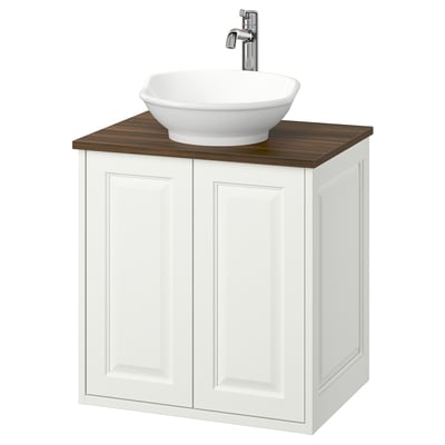 TÄNNFORSEN white bathroom setup: square cabinet, wood top, round white sink.