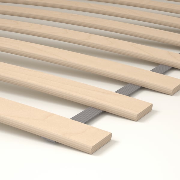 High-quality wooden slats arranged in a bed frame, showcasing evenly spaced, durable wooden construction.