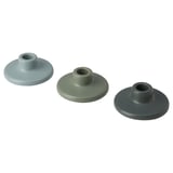 Three TILLFÄLLE candlesticks in blue, green, gray, simple design, circular base, ceramic.