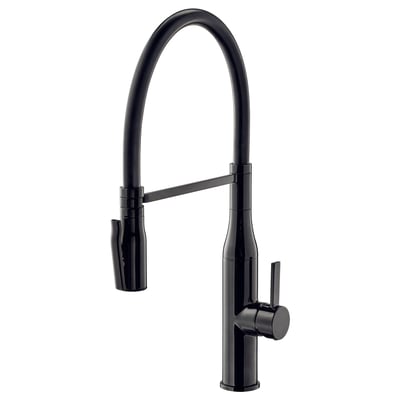 Black TOLLSJÖN kitchen faucet with pull-down sprayer, sleek modern design, durable brass construction.
