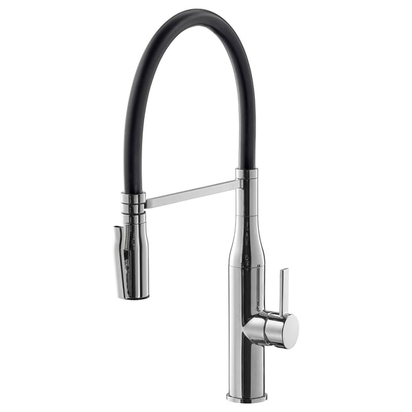 A TOLLSJÖN chrome faucet with curved spout and detachable handspray, crafted from durable brass.