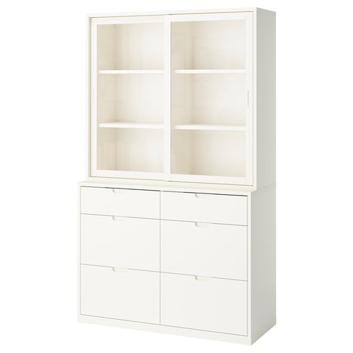 White TONSTAD furniture: cabinet & drawers, modern design, off-white finish, particleboard & glass.