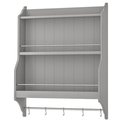 A gray TORNVIKEN wall-mounted shelf made of acrylic-painted fiberboard with nickel-plated hooks and rods, designed for easy access and organization.