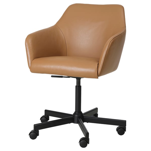 TOSSBERG tan leather swivel office chair, adjustable, ergonomic back support, durable castors, sleek modern design.