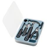 A blue TRIXIG tool kit with wrench, hammer, pliers, and screwdriver in molded plastic case.