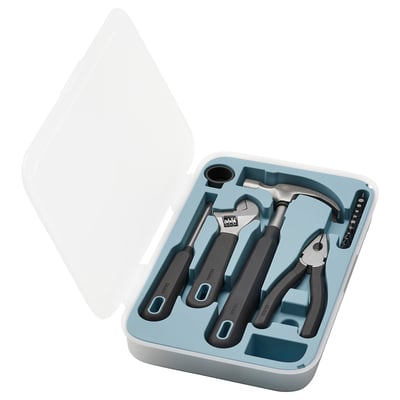 A blue TRIXIG tool kit with wrench, hammer, pliers, and screwdriver in molded plastic case.