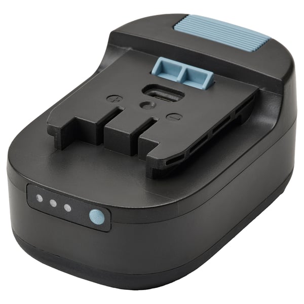 Black TRIXIG battery charger, abs plastic, rectangular shape, blue accents, compact design.