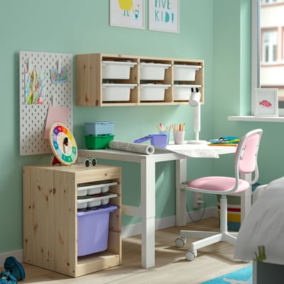 TROFAST Storage combination with box/trays, light white stained pine white/lilac, 32x44x52 cm