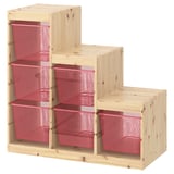 A TROFAST wooden storage unit with red mesh boxes, perfect for organizing items.