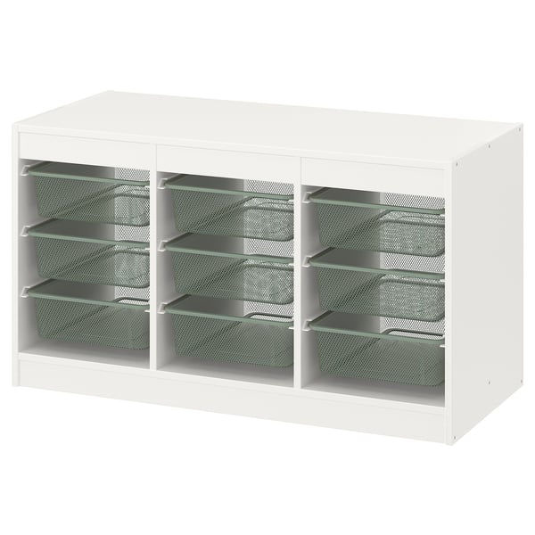 A white TROFAST storage unit with multiple mesh compartments for organizing items.