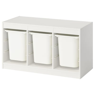 Ikea TROFAST white kids storage unit with three square bins.