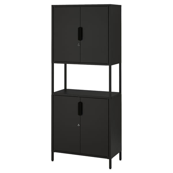 Black metal storage cabinet with two lockable doors, adjustable feet, and a 10-year guarantee.