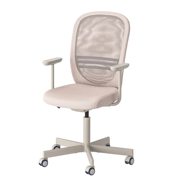 A light-colored TROTTEN office chair with a mesh back, adjustable armrests, and five casters for mobility.