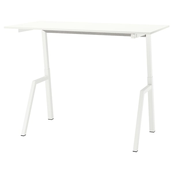 A trotton adjustable white desk with four angled steel legs and a rectangular top. Its sleek and modern.