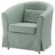 TULLSTA armchair, light green, curved, comfy, with cushions.