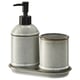 TVÅLSJÖN bathroom set: soap dispenser & toothbrush holder in beige, glazed stoneware with black pump
