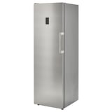 Stainless steel upright freezer, sleek and tall, with a digital display and handle.