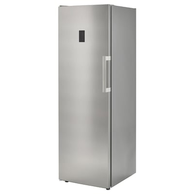 Stainless steel upright freezer, sleek and tall, with a digital display and handle.