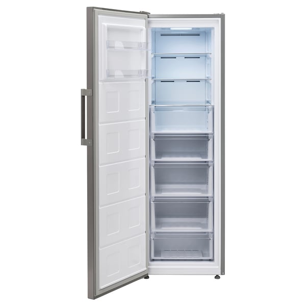 TYNNERÅS silver freezer open, stainless steel, rectangular with six shelves.