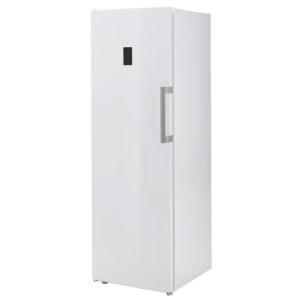 White upright freezer with touch control panel and led light.