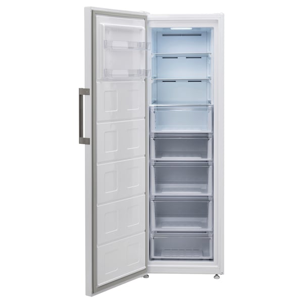 An open white TYNNERÅS freezer with six empty shelves. It a sleek design and silver handle.