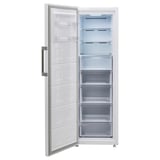 An open white TYNNERÅS freezer with six empty shelves. It a sleek design and silver handle.