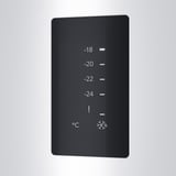 Black freezer control panel with touch display, showing temperatures from -18°c to -24°c and snowflake icon.