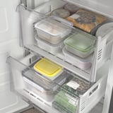 Open refrigerator showing organized drawers with meal prep containers and food, featuring no-frost and quick freeze functions.