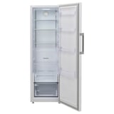 White upright fridge with transparent drawers open.