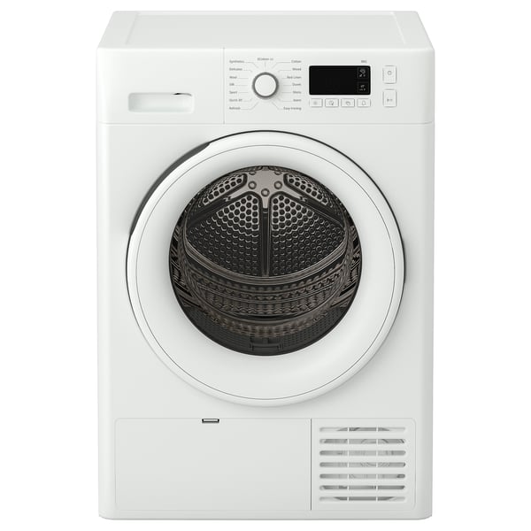 Front-loading white dryer with digital controls, round door, and vent at bottom.