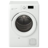 Front-loading white dryer with digital controls, round door, and vent at bottom.