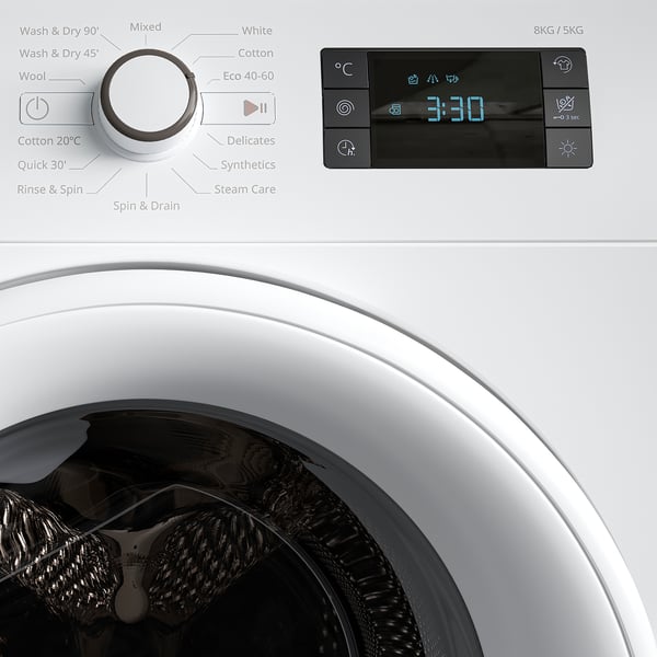 Frontload washer/dryer combo with control panel, drum, and display timer.
