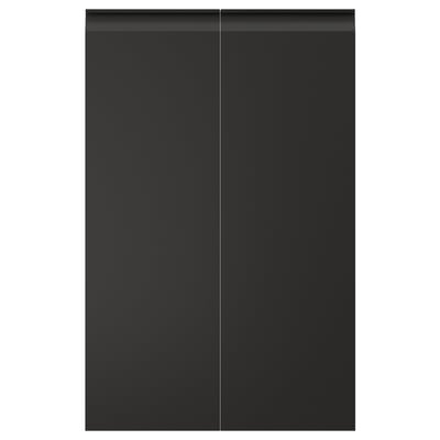 UPPLÖV: sleek, modern black kitchen cabinets with vertical dimensions and edge details.