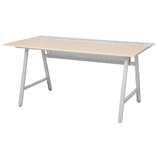 UTESPELARE gaming desk: light wooden top, silver metallic frame, a-frame legs, adjustable height, mesh back for air circulation.