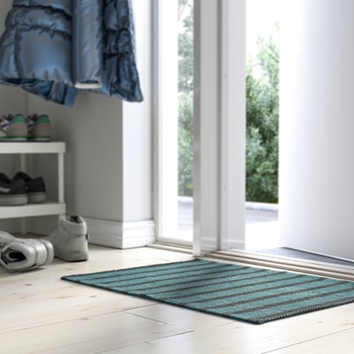 VÄGSKYLT mat, blue-green/black stripes, cotton, rectangular, fits near door, anti-slip.