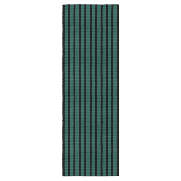 VÄGSKYLT rug, blue-green/black stripes, rectangular, cotton.