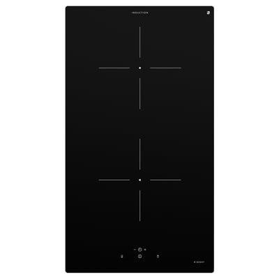 Black induction cooktop with two zones, touch controls, and booster function.