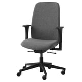 Gray office chair, VALLFJÄLLET, adjustable armrests, black base, soft fabric.