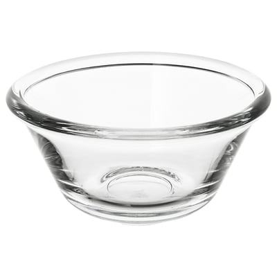Clear glass bowl, simple and round, no decorations, ideal for serving food.