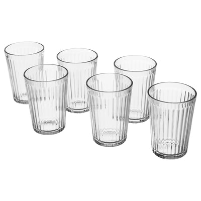 Six transparent VARDAGEN glasses with pleated design, cylindrical shape, made of tempered glass, arranged in a row.