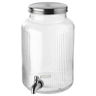 Clear glass VARDAGEN beverage dispenser with metallic tap and lid.