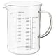 A VARDAGEN glass measuring jug, clear in color, made of heat-resistant glass. It has a handle and markings for measuring liquids and ingredients.