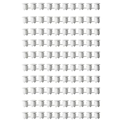 Rows of white VARIERA cabinet hole caps in polyethylene plastic, cylindrical with flanged tops.