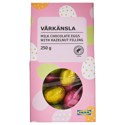 IKEA milk chocolate eggs box. Pink packaging with colourful eggs. Hazelnut filling, 250g.